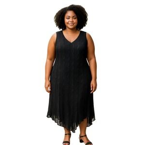 Vintage Fashion Bug Black Textured Sleeveless Asymmetric Hem Midi Dress Size 16